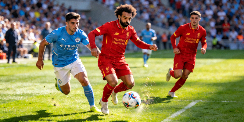 英超足球比赛直播画面 - 曼城与利物浦球员在绿茵场上争夺球权