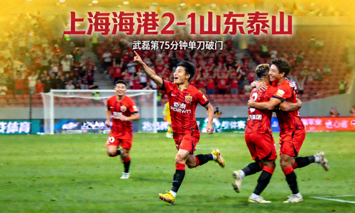 中超上海海港战胜山东泰山赛后战报图片 - 武磊进球后庆祝